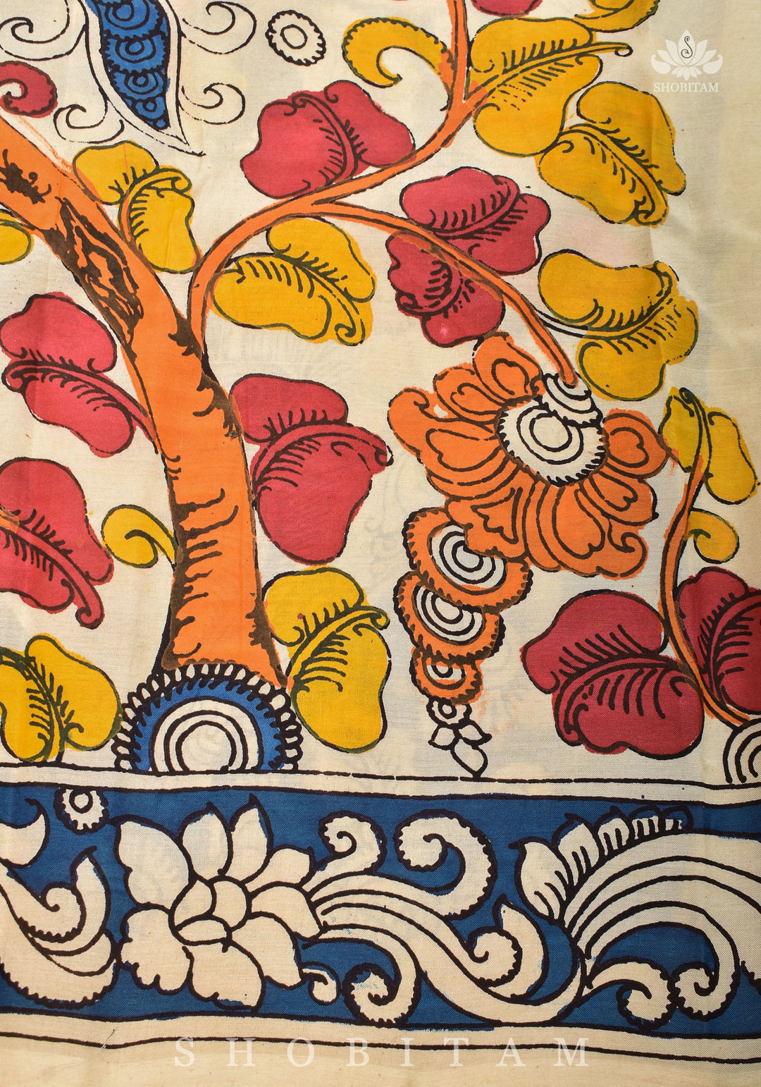 Hand painted kalamkari on Chennuri silk Saree in Prussian Blue | SHOBITAM