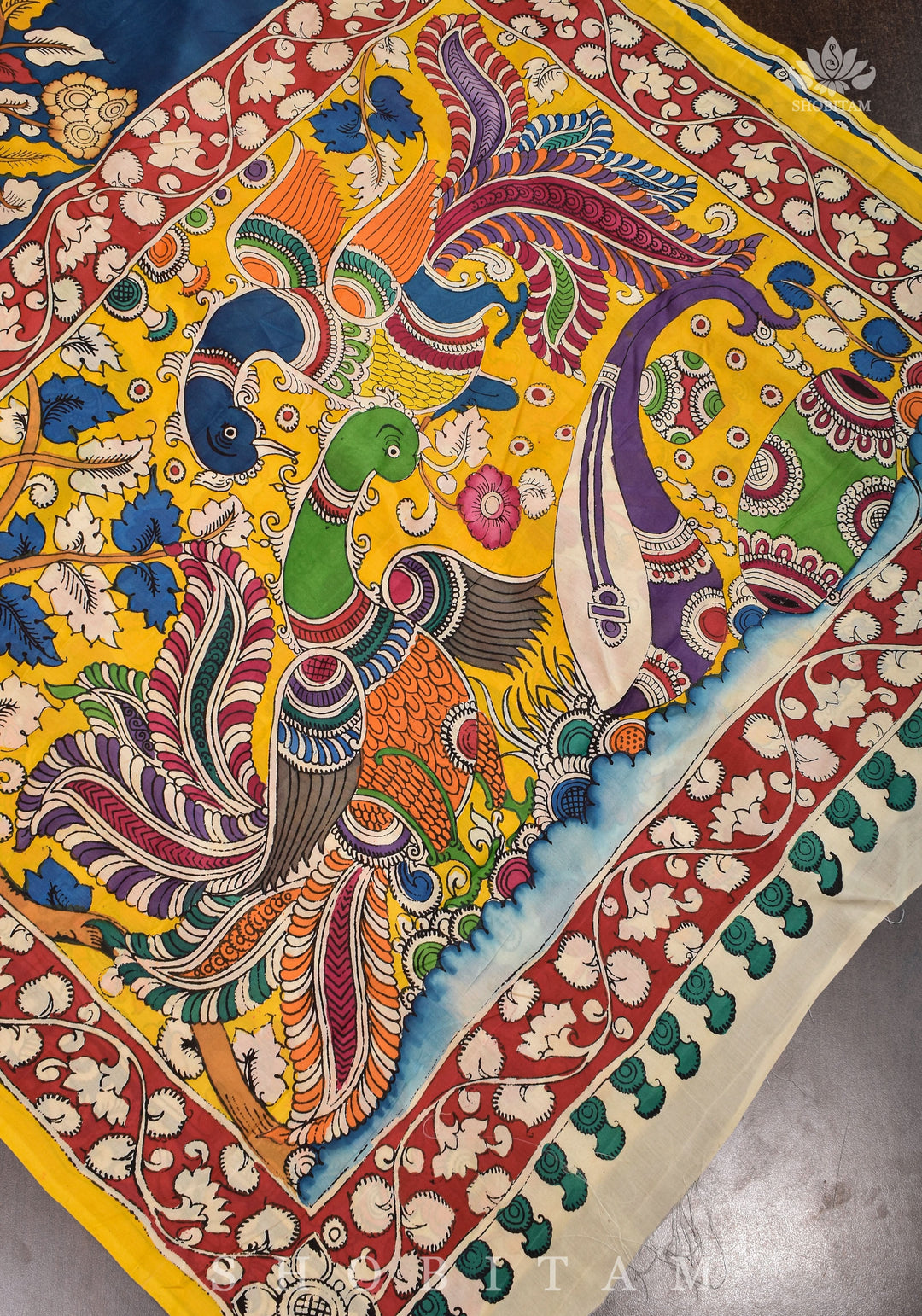 Hand painted kalamkari on Chennuri silk Saree in Prussian Blue | SHOBITAM
