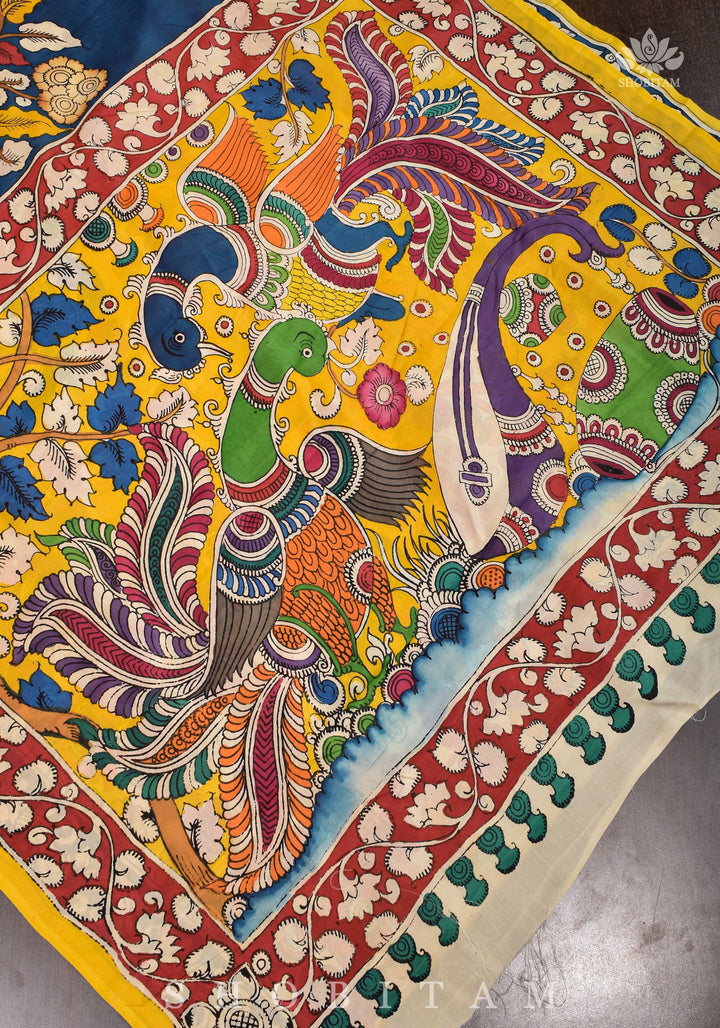 Hand painted kalamkari on Chennuri silk Saree in Prussian Blue | SHOBITAM