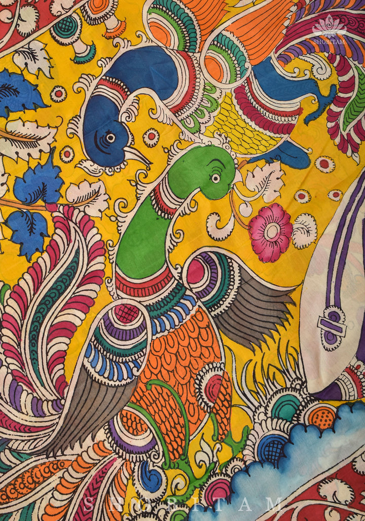 Hand painted kalamkari on Chennuri silk Saree in Prussian Blue | SHOBITAM