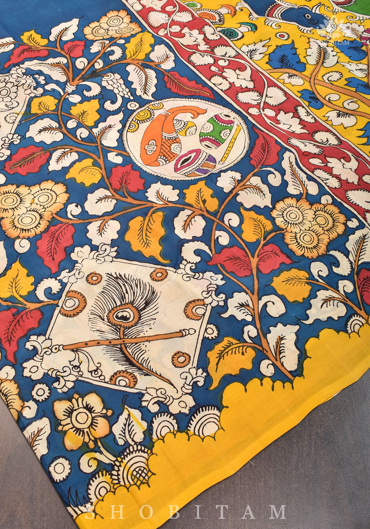 Hand painted kalamkari on Chennuri silk Saree in Prussian Blue | SHOBITAM