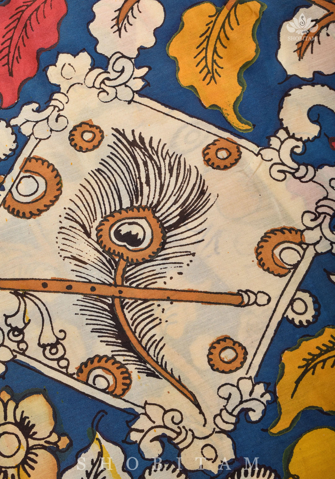 Hand painted kalamkari on Chennuri silk Saree in Prussian Blue | SHOBITAM