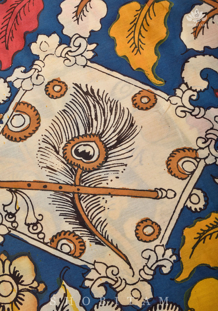 Hand painted kalamkari on Chennuri silk Saree in Prussian Blue | SHOBITAM