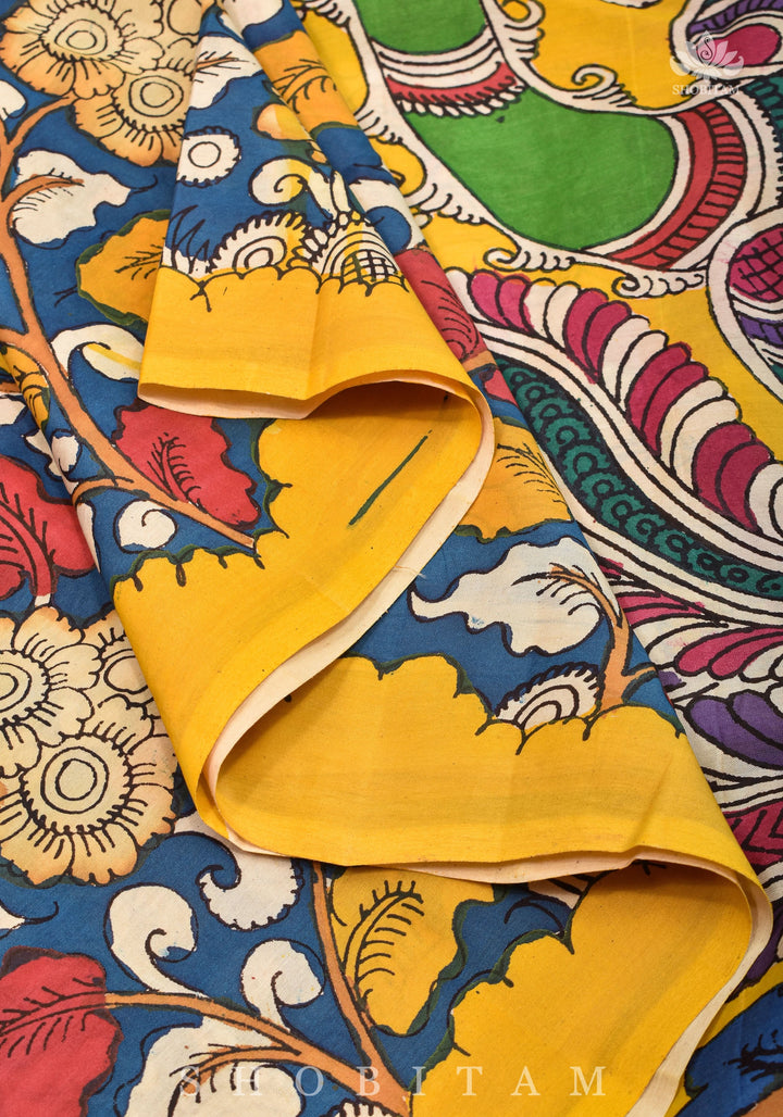 Hand painted kalamkari on Chennuri silk Saree in Prussian Blue | SHOBITAM