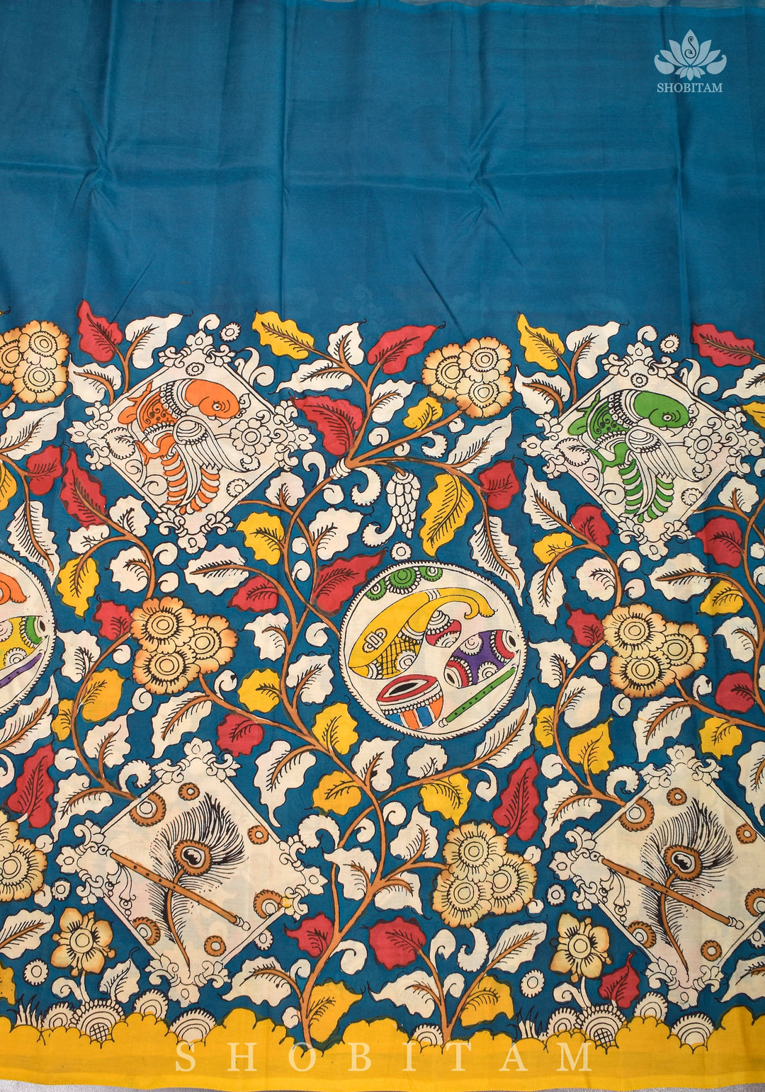 Hand painted kalamkari on Chennuri silk Saree in Prussian Blue | SHOBITAM