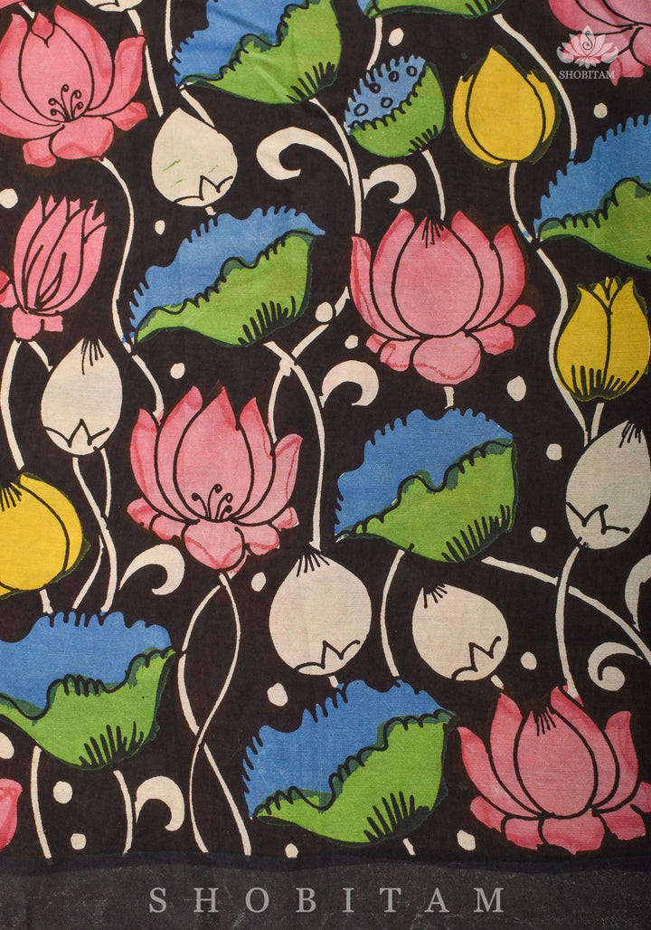 Hand Kalamkari on Chennuri silk with florals and Radha Krishna Pallu