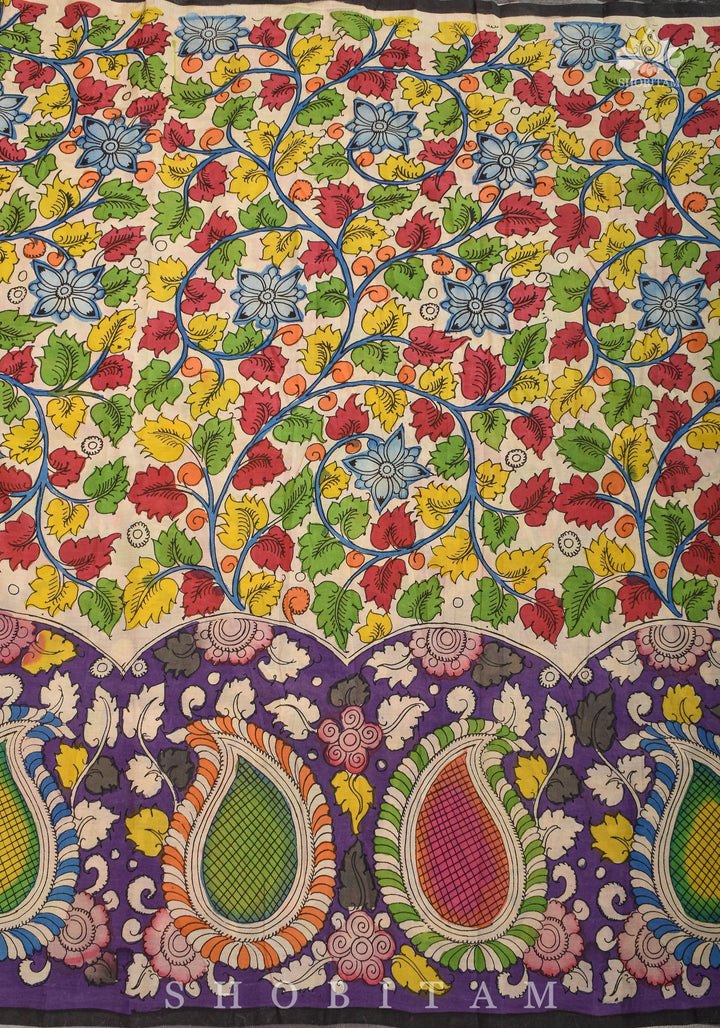 Hand Kalamkari on Chennuri silk with florals and Radha Krishna Pallu