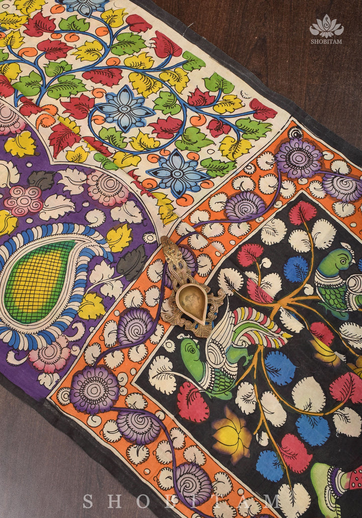 Hand Kalamkari on Chennuri silk with florals and Radha Krishna Pallu