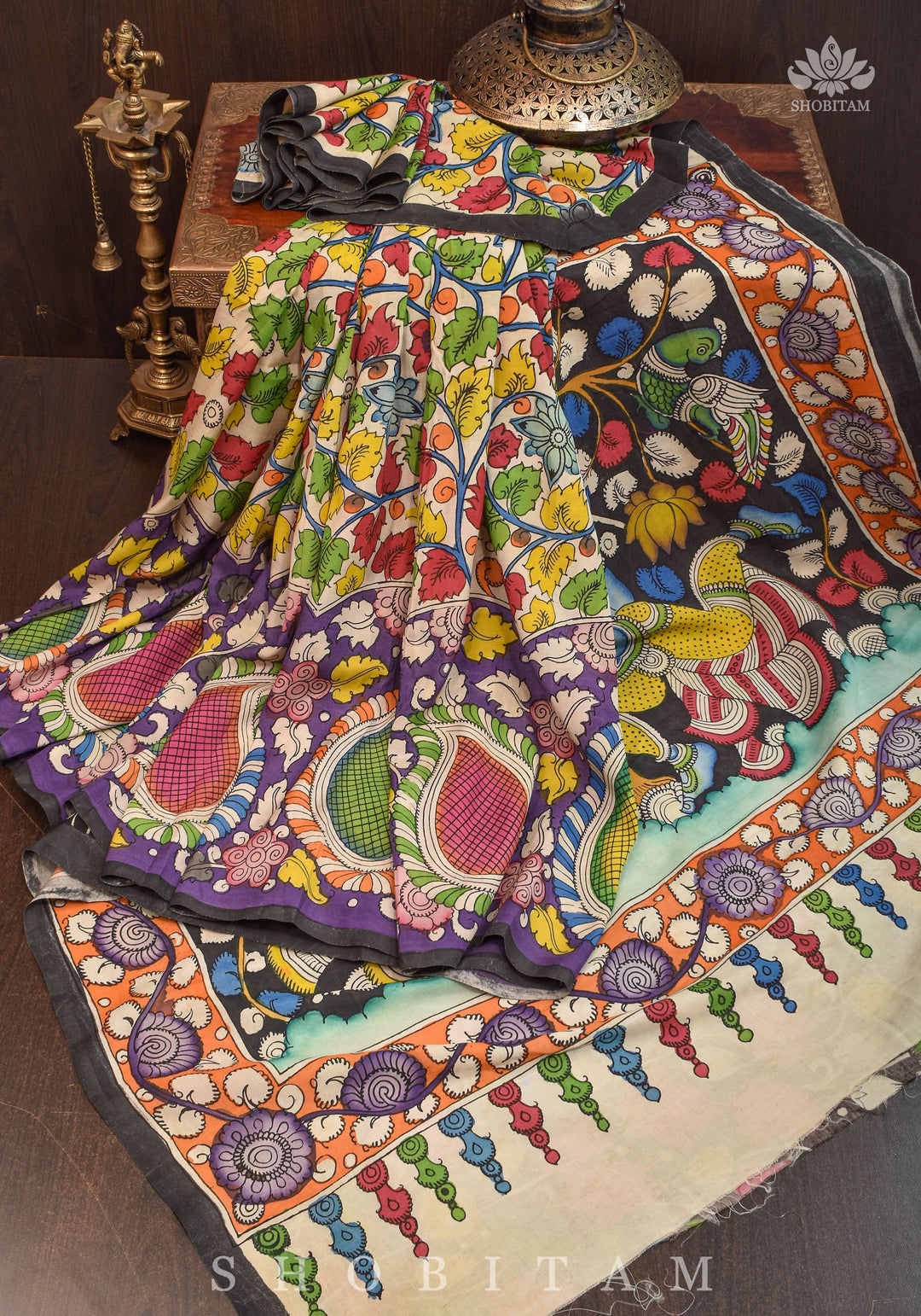 Hand Kalamkari on Chennuri silk with florals and Radha Krishna Pallu