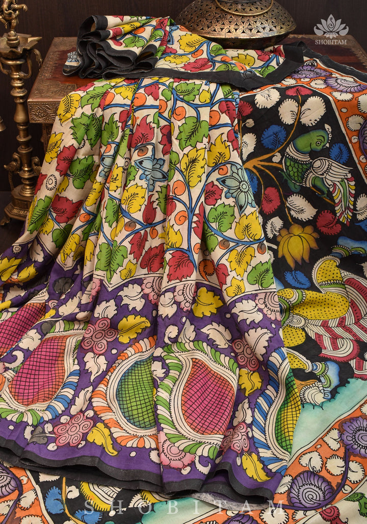 Hand Kalamkari on Chennuri silk with florals and Radha Krishna Pallu