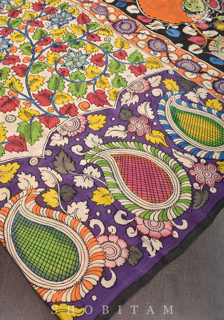 Hand Kalamkari on Chennuri silk with florals and Radha Krishna Pallu