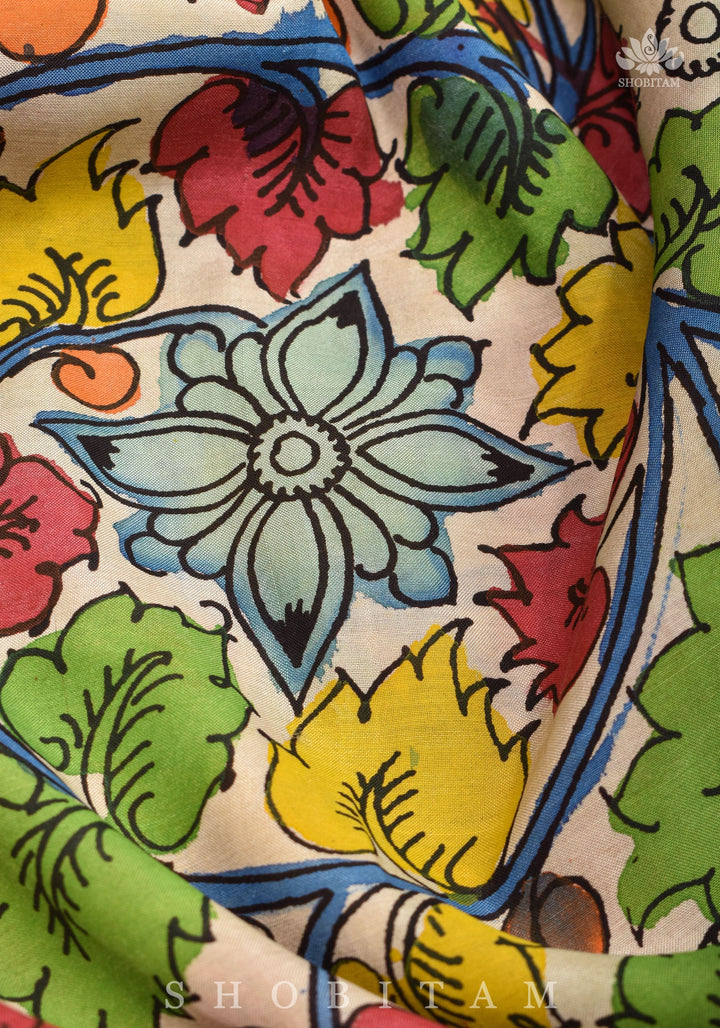 Hand Kalamkari on Chennuri silk with florals and Radha Krishna Pallu