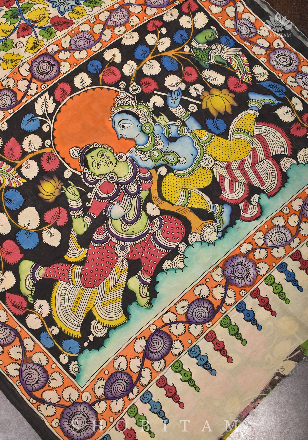 Hand Kalamkari on Chennuri silk with florals and Radha Krishna Pallu
