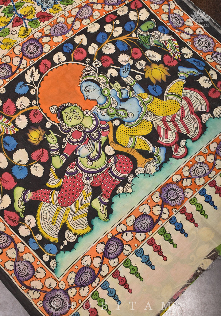 Hand Kalamkari on Chennuri silk with florals and Radha Krishna Pallu