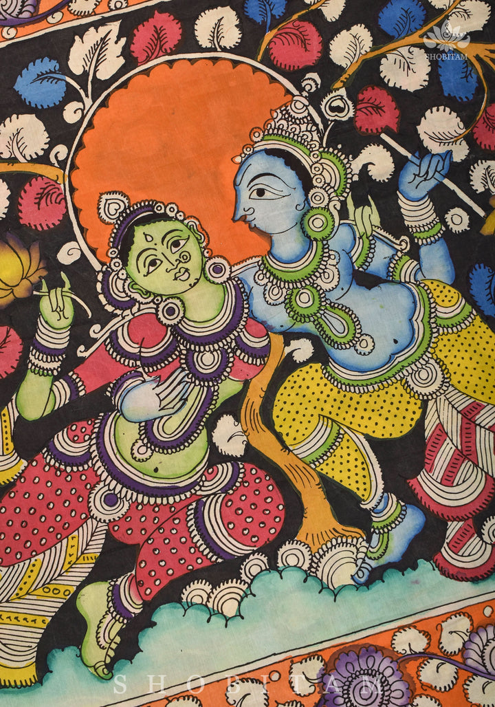 Hand Kalamkari on Chennuri silk with florals and Radha Krishna Pallu