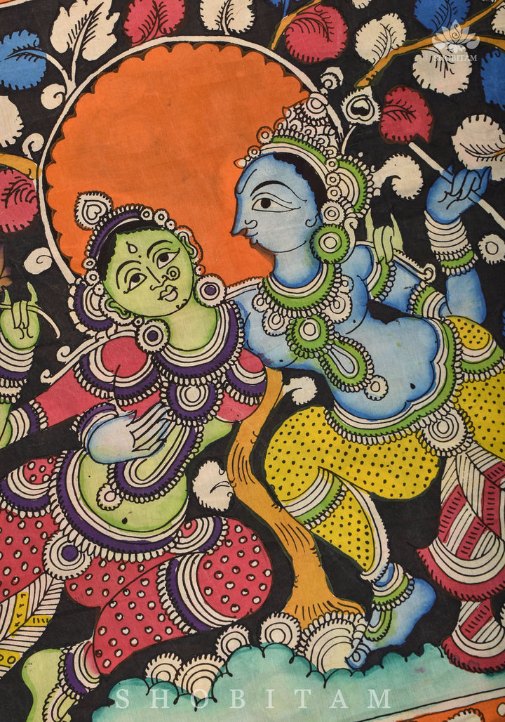 Hand Kalamkari on Chennuri silk with florals and Radha Krishna Pallu