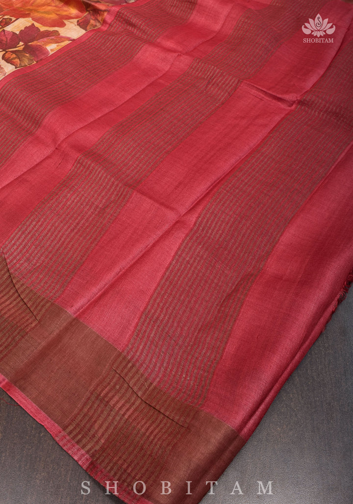 Jari Tussar Silk Saree with Floral Digital Print in Beige | SILK MARK CERTIFIED