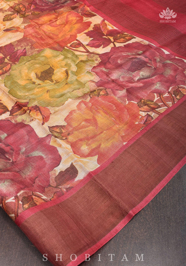 Jari Tussar Silk Saree with Floral Digital Print in Beige | SILK MARK CERTIFIED