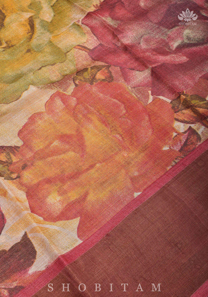 Jari Tussar Silk Saree with Floral Digital Print in Beige | SILK MARK CERTIFIED