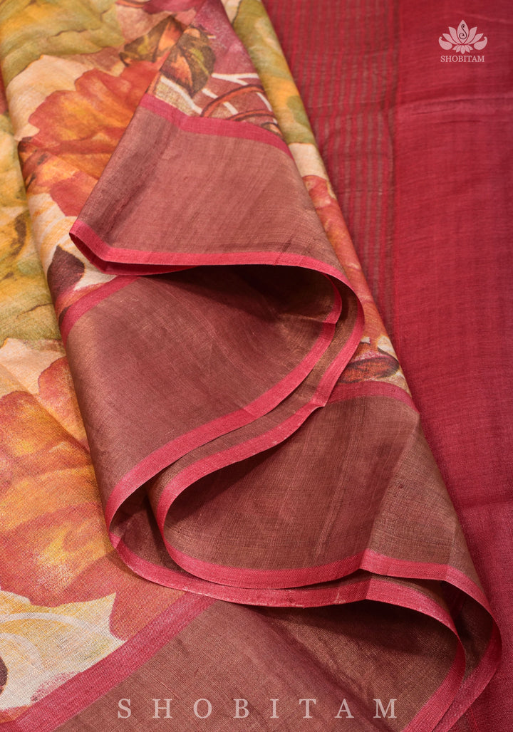 Jari Tussar Silk Saree with Floral Digital Print in Beige | SILK MARK CERTIFIED