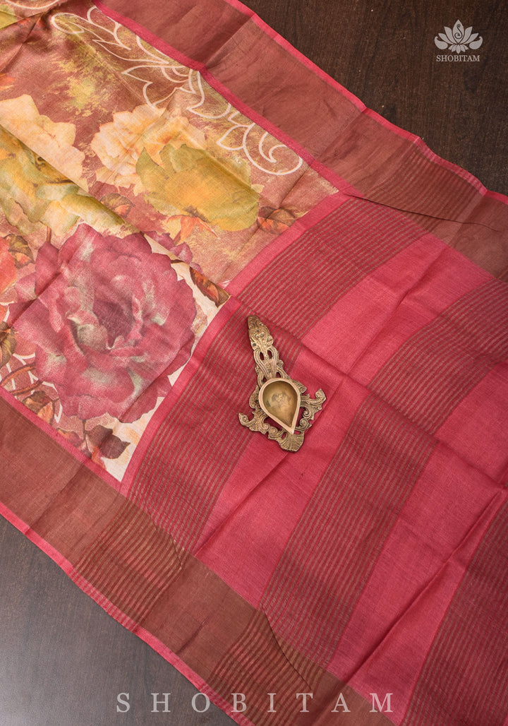 Jari Tussar Silk Saree with Floral Digital Print in Beige | SILK MARK CERTIFIED