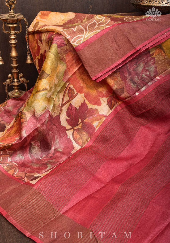 Jari Tussar Silk Saree with Floral Digital Print in Beige | SILK MARK CERTIFIED