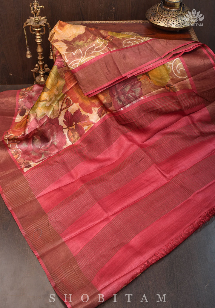 Jari Tussar Silk Saree with Floral Digital Print in Beige | SILK MARK CERTIFIED