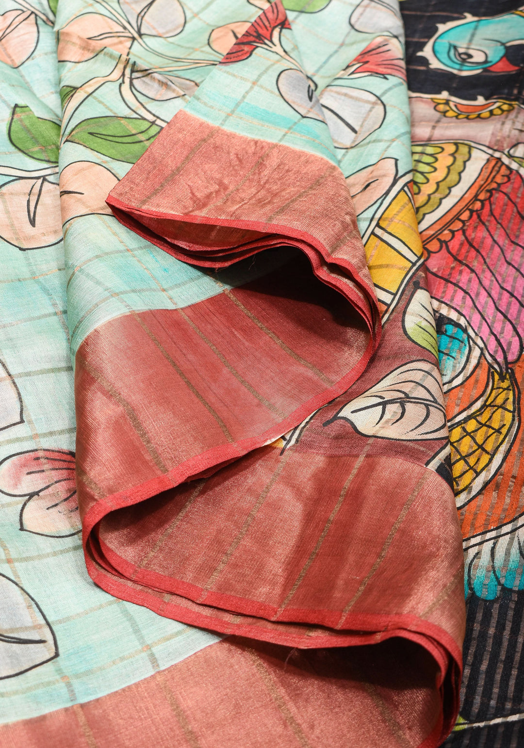 Jari Tussar Saree with Checks and Kalamkari Digital Print | SILK MARK CERTIFIED