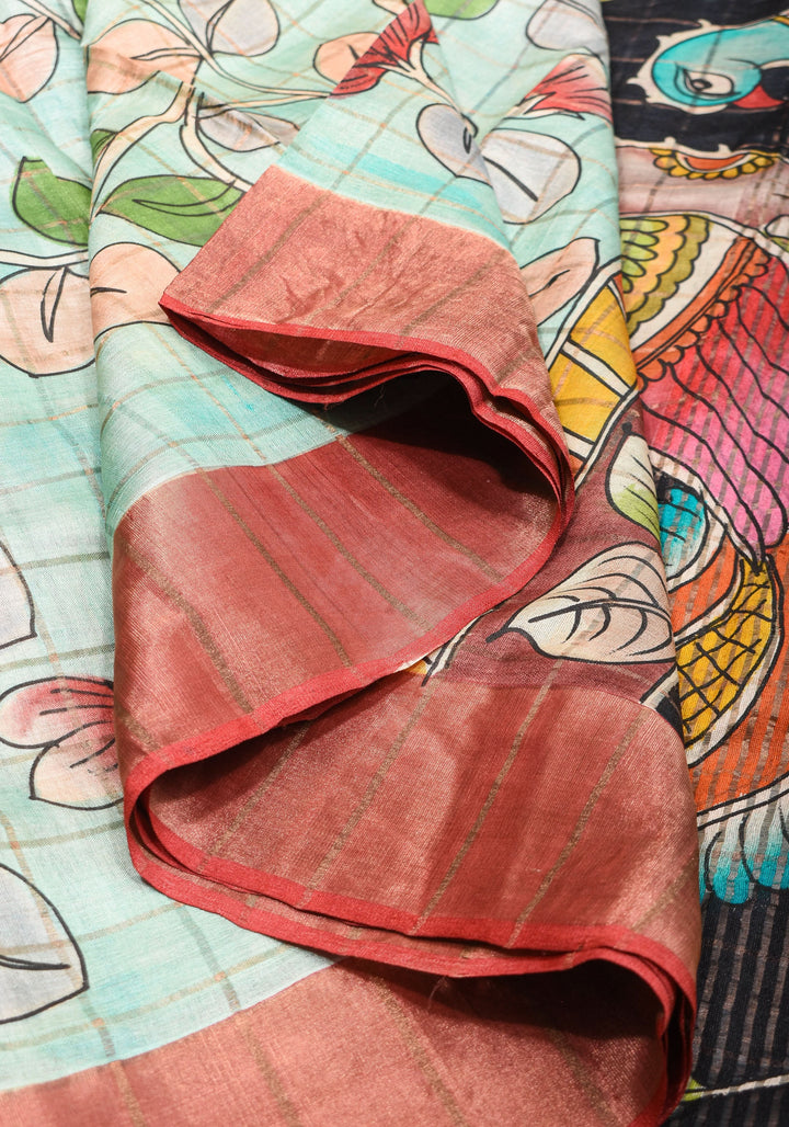 Jari Tussar Saree with Checks and Kalamkari Digital Print | SILK MARK CERTIFIED
