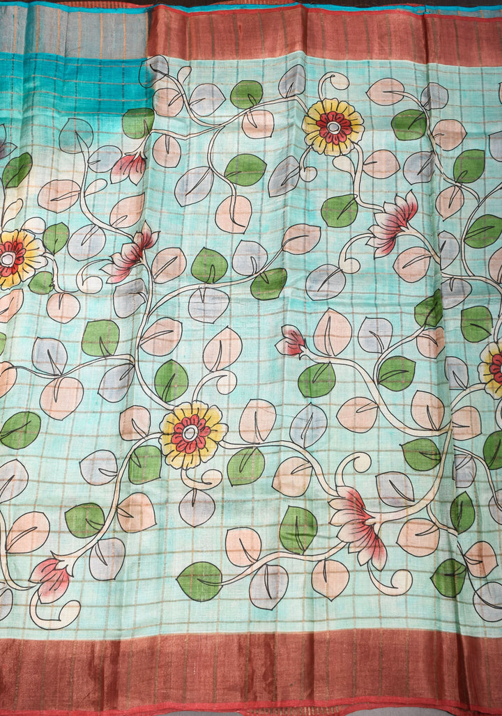 Jari Tussar Saree with Checks and Kalamkari Digital Print | SILK MARK CERTIFIED