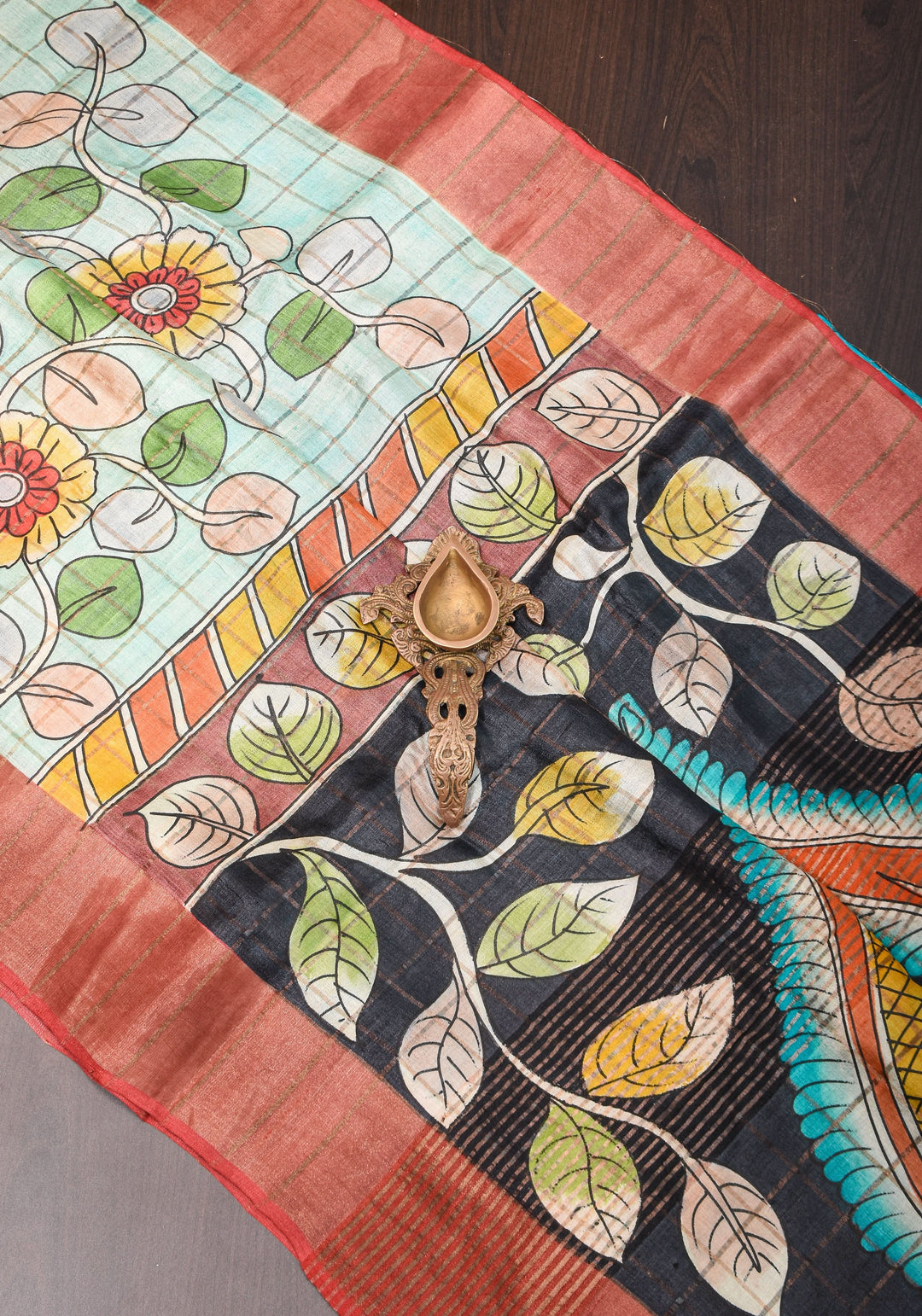 Jari Tussar Saree with Checks and Kalamkari Digital Print | SILK MARK CERTIFIED