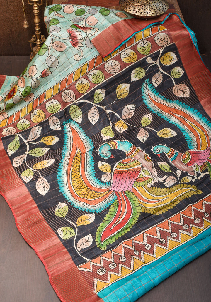 Jari Tussar Saree with Checks and Kalamkari Digital Print | SILK MARK CERTIFIED