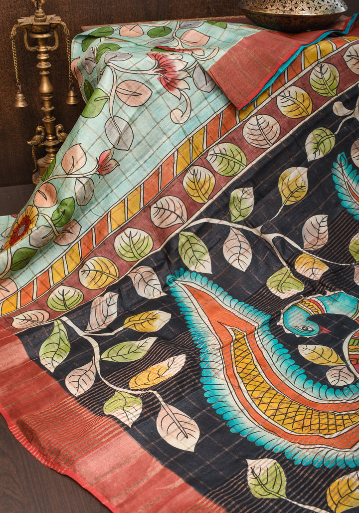 Jari Tussar Saree with Checks and Kalamkari Digital Print | SILK MARK CERTIFIED