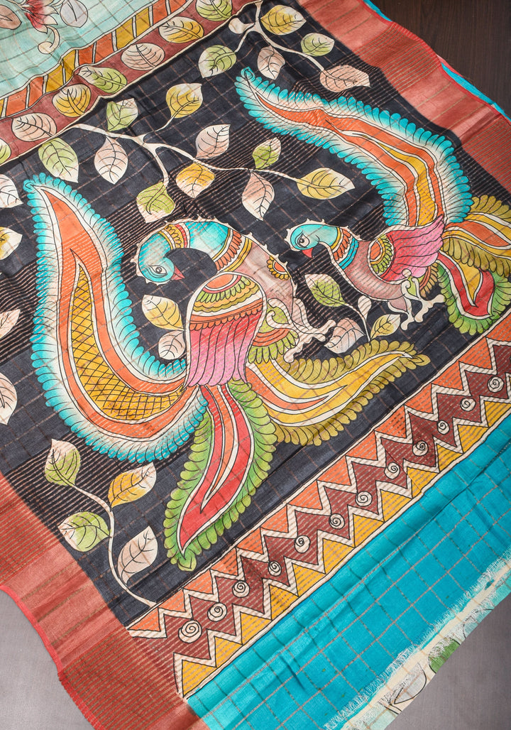 Jari Tussar Saree with Checks and Kalamkari Digital Print | SILK MARK CERTIFIED