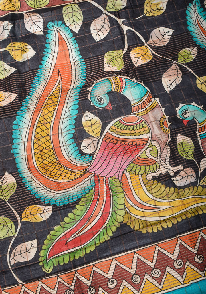 Jari Tussar Saree with Checks and Kalamkari Digital Print | SILK MARK CERTIFIED
