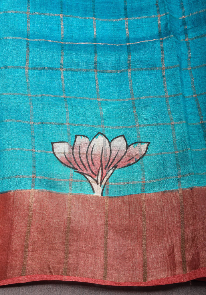Jari Tussar Saree with Checks and Kalamkari Digital Print | SILK MARK CERTIFIED