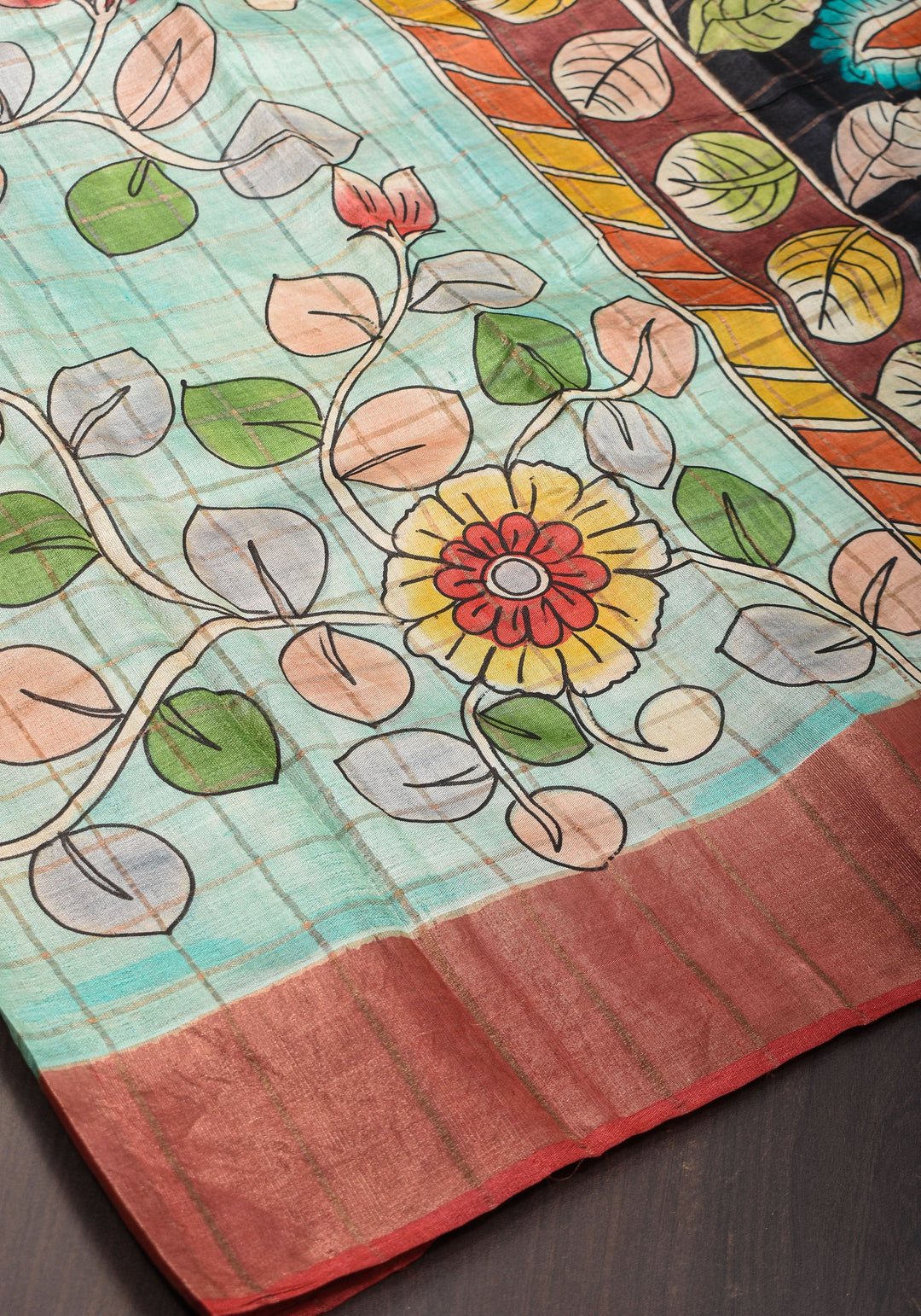 Jari Tussar Saree with Checks and Kalamkari Digital Print | SILK MARK CERTIFIED