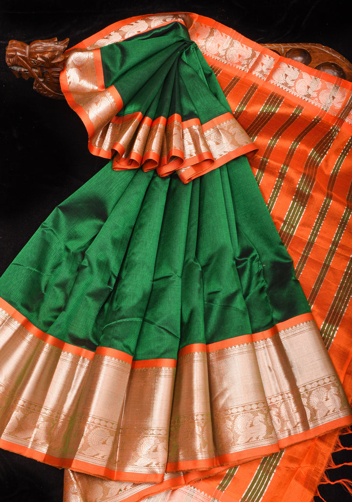 Emerald Green Handwoven Mangalagiri Silk Cotton Saree with Wide Border and Zari Detailing