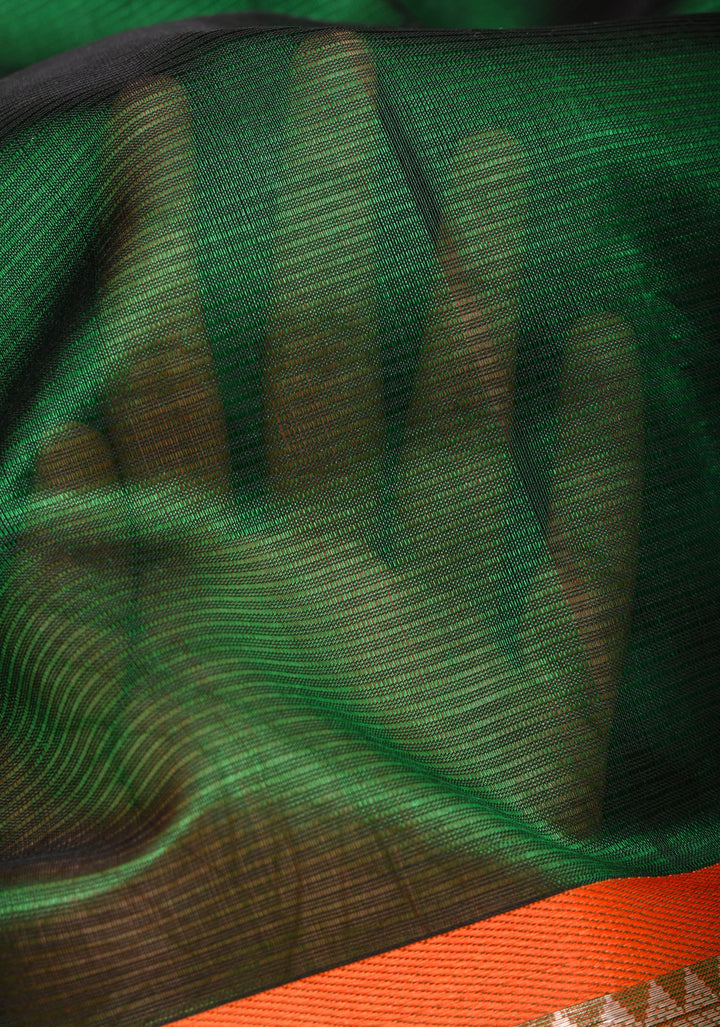 Emerald Green Handwoven Mangalagiri Silk Cotton Saree with Wide Border and Zari Detailing