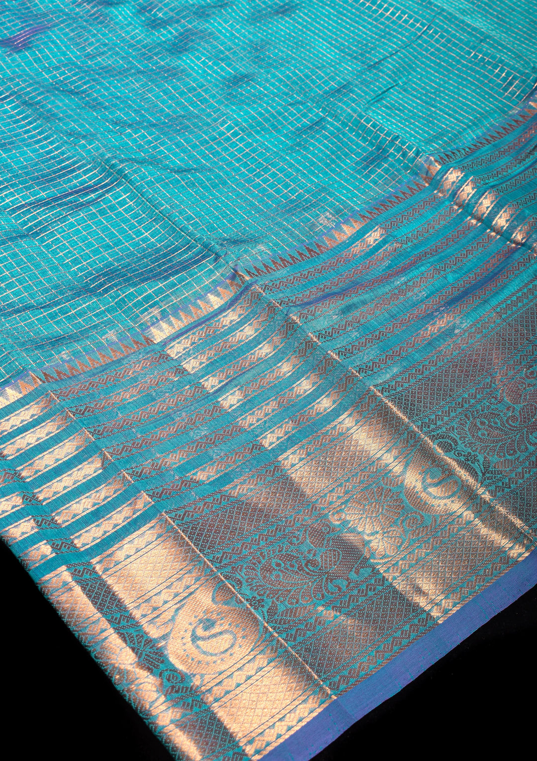Handwoven Mangalagiri Silk Cotton Saree in Azure Blue with Zari Checks and Wide Zari Border
