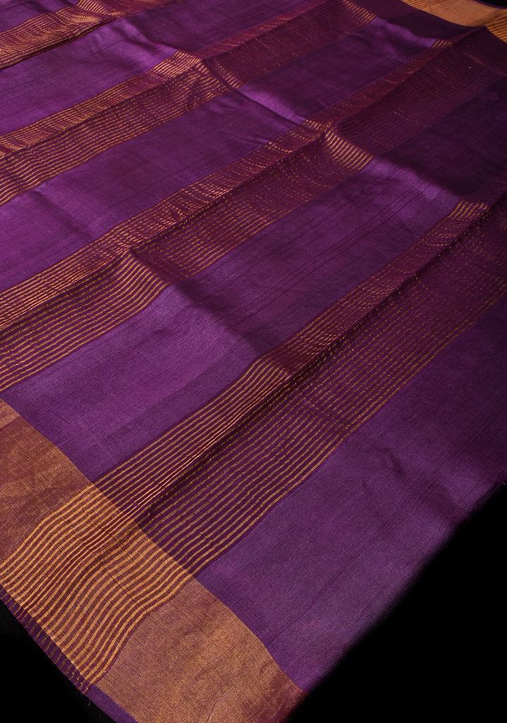 Beige Jari Tussar Silk Saree with Floral and Temple print and Purple Zari Border | SILK MARK CERTIFIED
