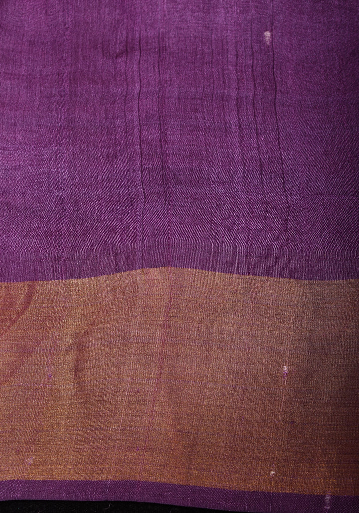 Beige Jari Tussar Silk Saree with Floral and Temple print and Purple Zari Border | SILK MARK CERTIFIED