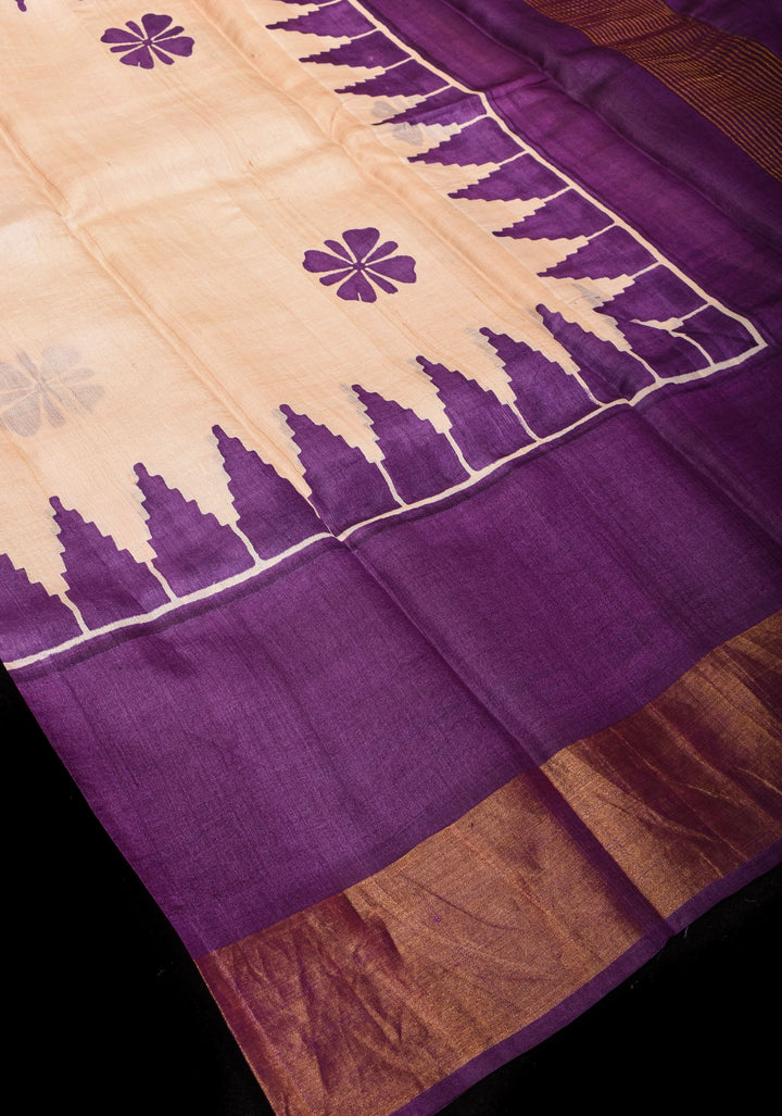 Beige Jari Tussar Silk Saree with Floral and Temple print and Purple Zari Border | SILK MARK CERTIFIED