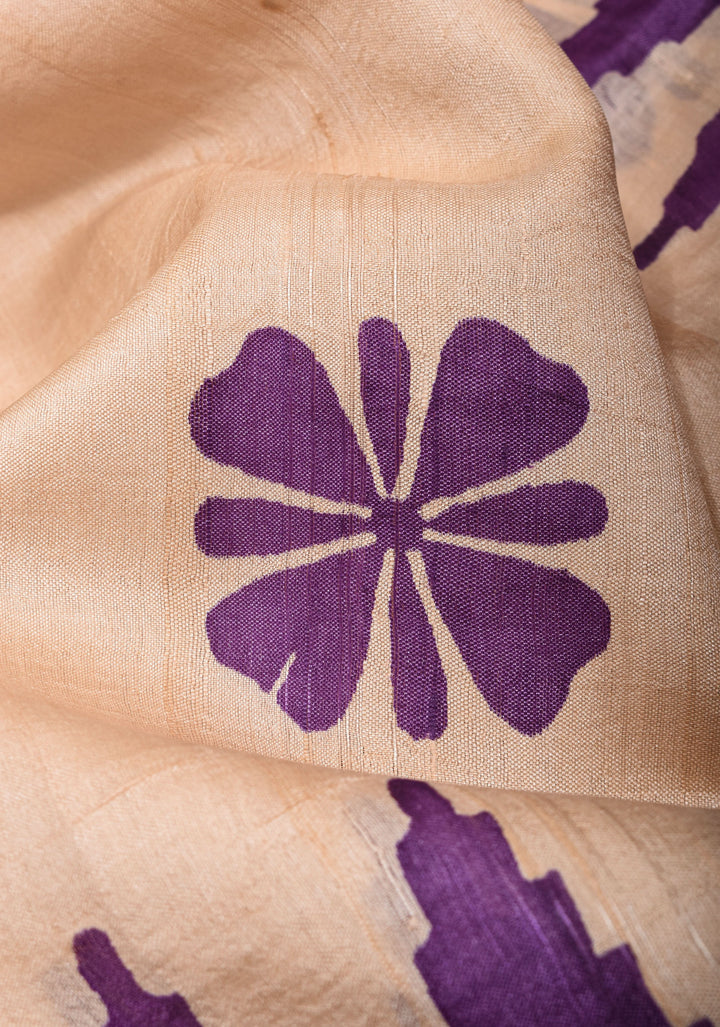 Beige Jari Tussar Silk Saree with Floral and Temple print and Purple Zari Border | SILK MARK CERTIFIED