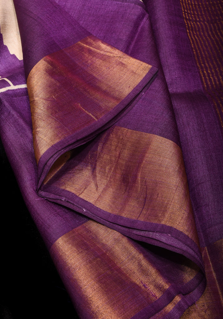 Beige Jari Tussar Silk Saree with Floral and Temple print and Purple Zari Border | SILK MARK CERTIFIED