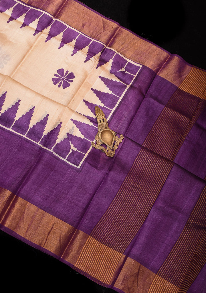 Beige Jari Tussar Silk Saree with Floral and Temple print and Purple Zari Border | SILK MARK CERTIFIED