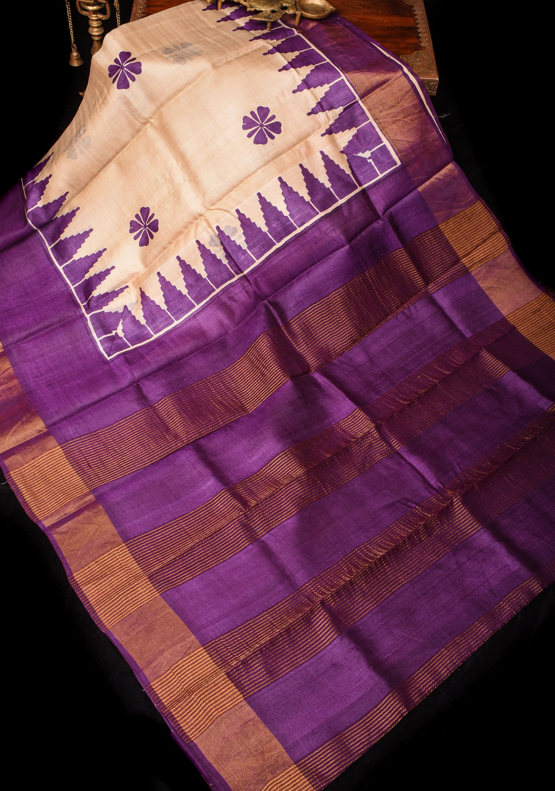 Beige Jari Tussar Silk Saree with Floral and Temple print and Purple Zari Border | SILK MARK CERTIFIED