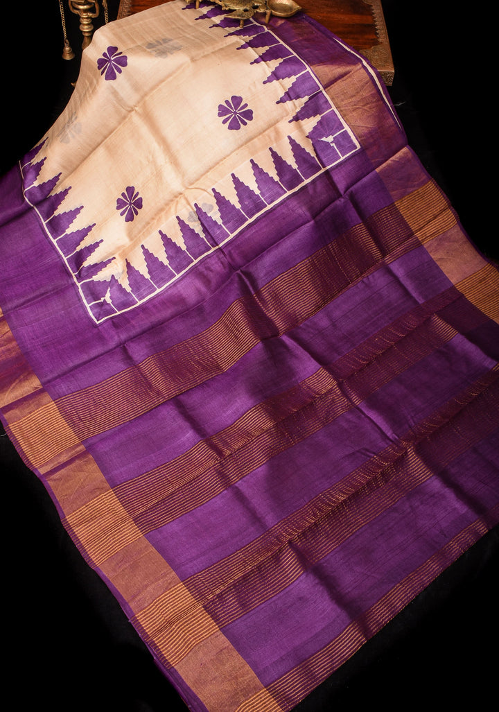 Beige Jari Tussar Silk Saree with Floral and Temple print and Purple Zari Border | SILK MARK CERTIFIED