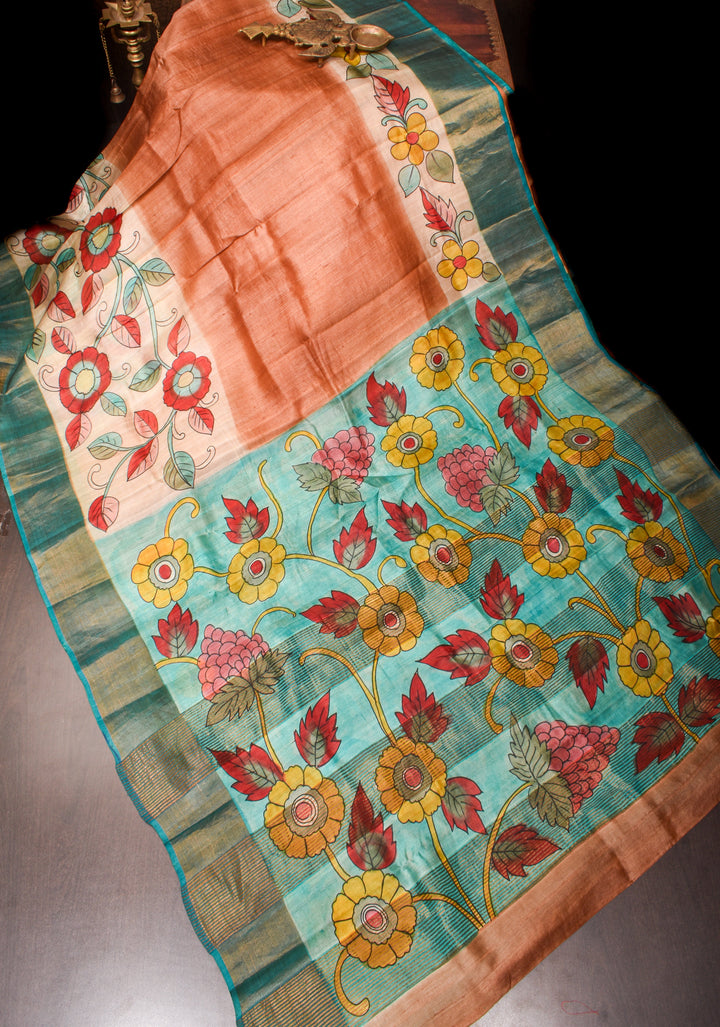 Terracotta Jari Tussar Silk Saree with Floral Kalamkari Digital Print | SILK MARK CERTIFIED