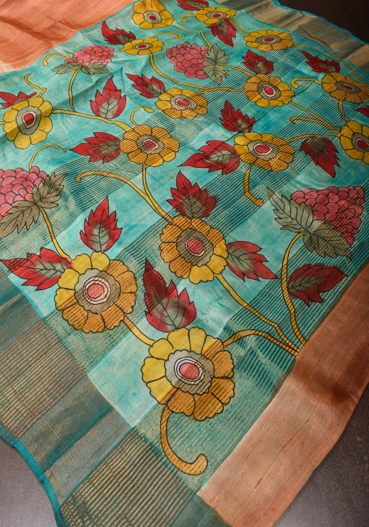 Terracotta Jari Tussar Silk Saree with Floral Kalamkari Digital Print | SILK MARK CERTIFIED